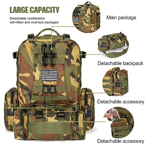 Large Military Tactical Backpack for Men, 40-50L Backpacks for Women, Bug out Bag Army 3 Days Assault Pack Bags Rucksack with Molle System - color: Jungle Camouflage