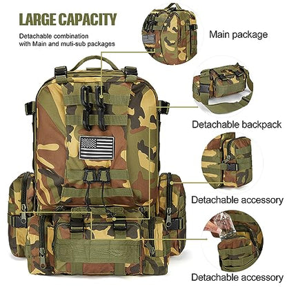 Large Military Tactical Backpack for Men, 40-50L Backpacks for Women, Bug out Bag Army 3 Days Assault Pack Bags Rucksack with Molle System - color: Jungle Camouflage