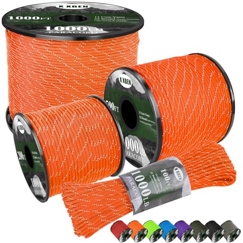 X XBEN Paracord Reflective 1000lb, 50/100/200/500/1000ft 4mm, 13 Strand Parachute Spool Cord, Heavy Duty Paracord Rope for Tent Camping, Fishing, Hiking, DIY Crafts & Survival Bracelet, Orange - color: Orange, size: 200ft