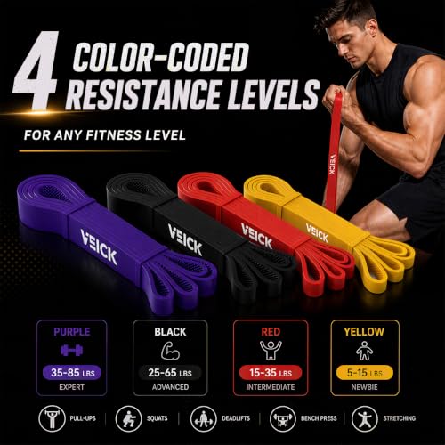 VEICK Pull Up Assist Resistance Bands for Home Gym - color: Purple/Black/Red/Yellow Set of 4 (0.3-1.1in)