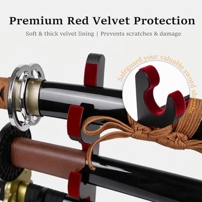 4-Tier Sword Wall Mount & Desktop Rack, 2-in-1 Sword Holder with Unique Hollow Carving, Red Velvet Lining for Samurai Katana Longsword Saber Display