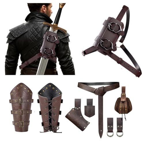SUMGOGO Medieval Back Sword Frog Holder Arm Bracer Belt and Belt Pouch Hook Viking Warrior Costume Renaissance Accessory Prop - color: Brown