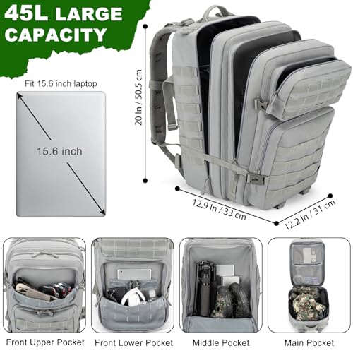 45L Large Tactical Backpack Military MOLLE 3 Day Bug Out Bag - color: Gray