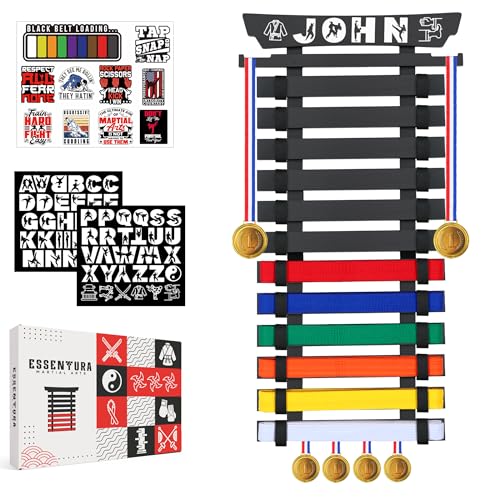 10/12 Belts Karate Belt Display Rack, Pure Bamboo Wood, Themed Stickers, Medal Hangers - Taekwondo Belt Display, Jiu Jitsu, BJJ, Martial Arts - color: BLACK, style: 12 BELTS
