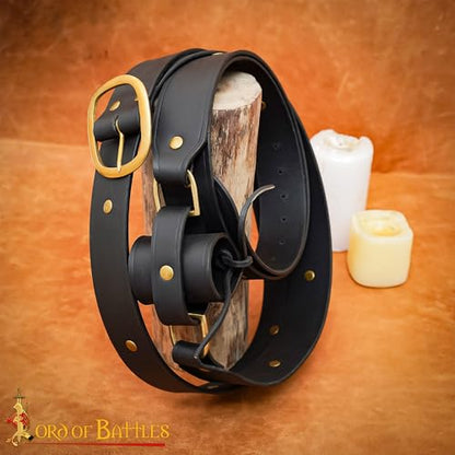 Lord of Battles Medieval Double Wrap Sword Belt | 3 mm Thick Genuine Leather | Brass Buckle Knight Accessory for LARP - size: Large