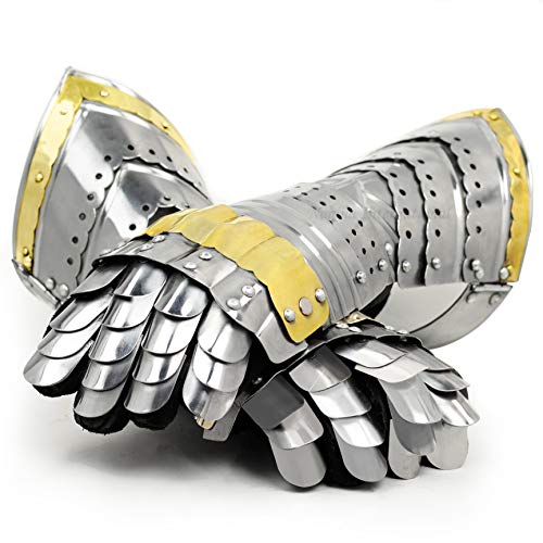 Nagina International Medievalz Warrior Steel Gothic Knight Style Warrior Functional Gloves & Gauntlets | Brass Accent