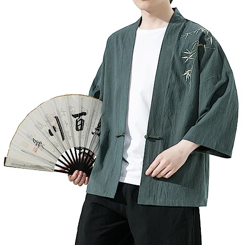 Mens Kimono Cardigan Cotton Linen Japanese Shirt 3/4 Sleeve Haori Yukata - color: 35-green, size: XX-Large
