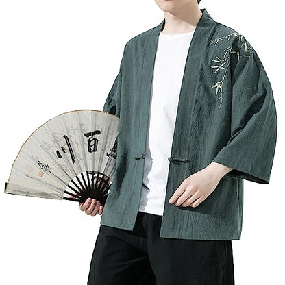 Mens Kimono Cardigan Cotton Linen Japanese Shirt 3/4 Sleeve Haori Yukata - color: 35-green, size: XX-Large