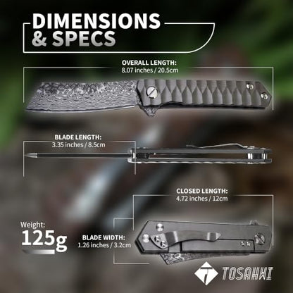 Damascus Folding Knife, Titanium Handle - color: Silver-B