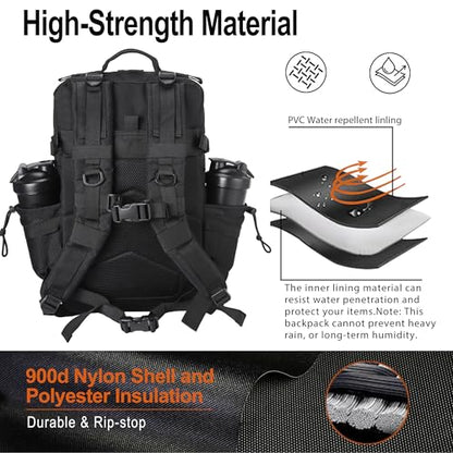 LHI Tactical Military Backpack for Men 25L/45L Large Molle Army Assault Pack 3 Day Hiking Rucksack With Bottle Holder - color: Black, size: 45L