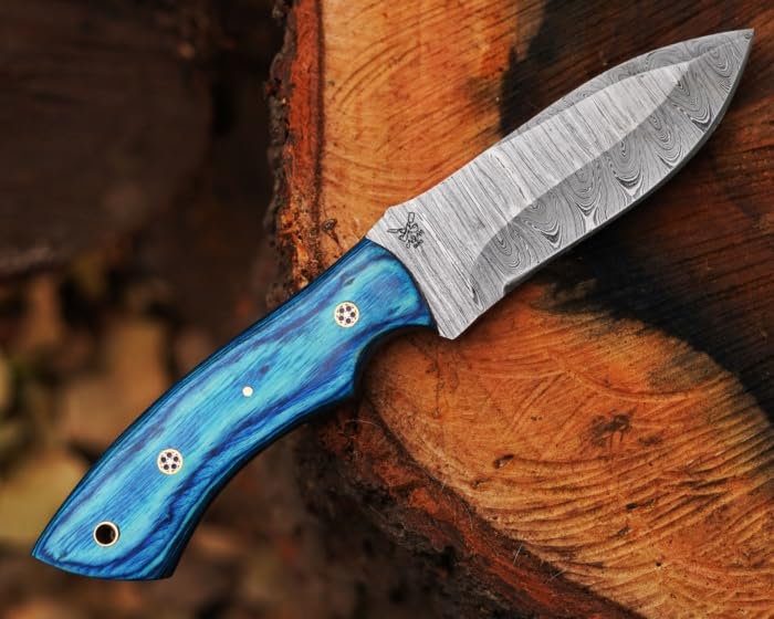 Fixed Blade Damascus Steel Hunting Knife with Leather Sheath, 9'' Full Tang Hunting Skinning Knife,Non-Slip Wooden Handle,Camping Blade - color: Sky Blue