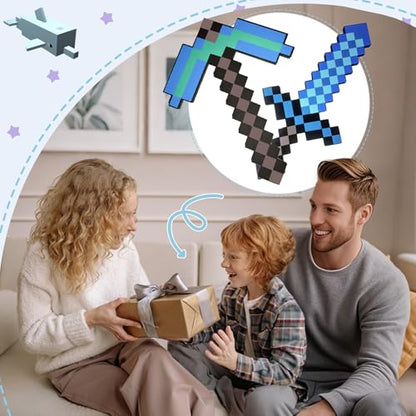 QRT Foam Sword and Pickaxe Set Kids Role Play Toys for Halloween, Cosplay Video Game Parties (Blue Pickaxe Sword) - color: Blue