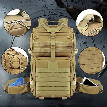 EMDMAK Military Tactical Backpack, 42L Large Military Pack Army 3 Day Assault Pack Molle Bag Rucksack - color: Tan