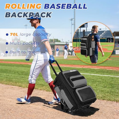 Rolling Baseball Bag with Wheels, 70L Baseball Backpack - color: Grey
