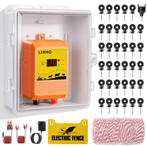 6.2 Miles(10KM) 12KV 2 Joule Electric Fence Energizer Kit, 6-Mile Fence Charger with 656 FT (200m) Polywire & 50 Ring Insulators, Livestock, Farm & Garden Protection, Orange Set