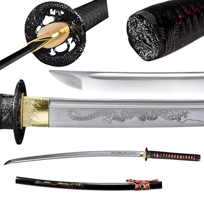 Katana Real Samurai Sword, Handmade Japanese Swords Full Tang 1060 1090 T10 Carbon Steel, for Training, Collecting, Dojo, Lovers of Japanese Culture etc. - color: Red Drogen, style: 1060