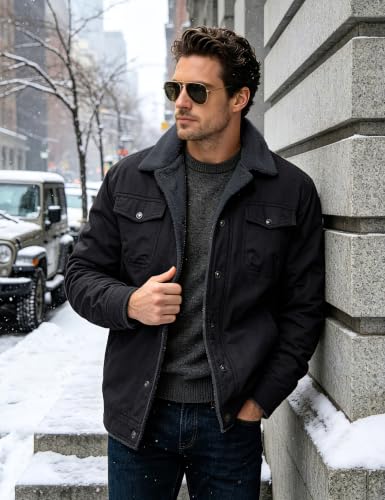 MAGNIVIT Mens Winter Jacket Thick Warm Fleece Lined Trucker Cargo Coat - color: Black Grey, size: Medium