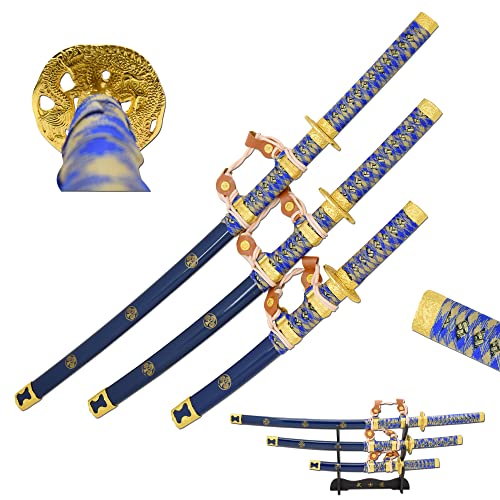 Snake Eye Tactical Two Tone 3 Piece Samurai Katana Set w/Free Sword Stand - color: Blue-1