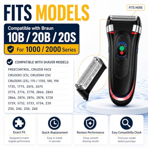 2026 Upgraded 10B Replacement Foil & Cutter Compatible with Bra-un Cruzer/Series 1, 10B/20B 1000/2000 Series Replacement Shaver Head Set Fits for 170 180 190 1735 1775 5728 5729 170S