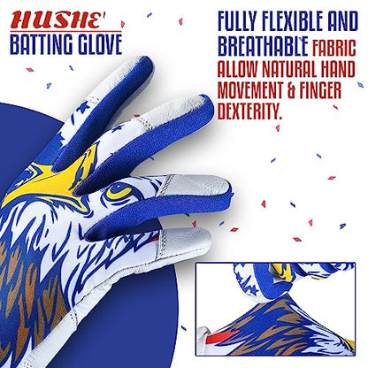 Hushe' American Flag Batting Gloves & Softball Gloves USA Flag Baseball Batting Gloves Youth Kids Baseball Batting Glove for Youth Men Adult & Unisex. - color: White Eagle, size: Youth Medium