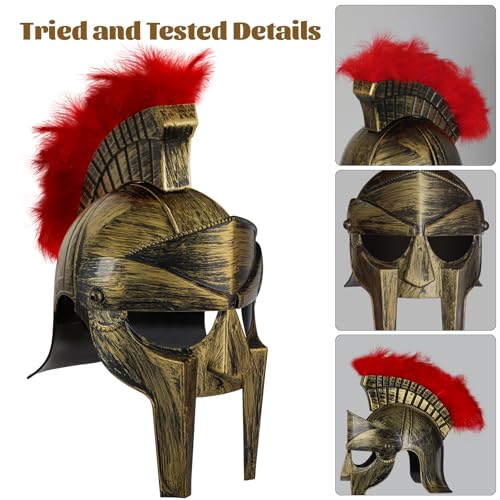 Servllcell Medieval Roman Knight Helmet,Plastic Greek Spartan Gladiator Helmet Medieval Costume Accessories,Halloween Hat - color: Gold Red-c1