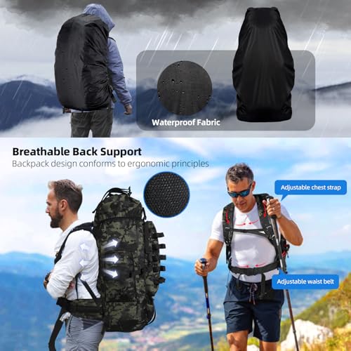70L/100L Camping Hiking Backpack with Rain Cover, Expandable Large Military Tactical Backpack, Waterproof Molle Rucksack Travel Backpacking Daypack for Climbing Trekking (Black CP) - color: Black Cp
