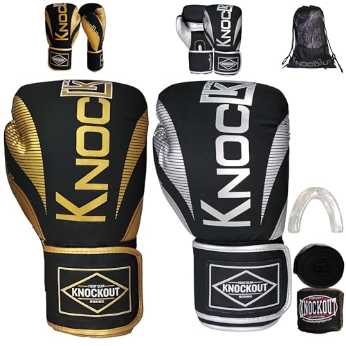 Knockout Elite Boxing Gloves 2 Pair Set, Complete Kit with Hand Wraps, Bag Pack, and Mouth Guard - Size 8oz-16oz-All Color Available - color: Silver / Golden, size: 12 oz