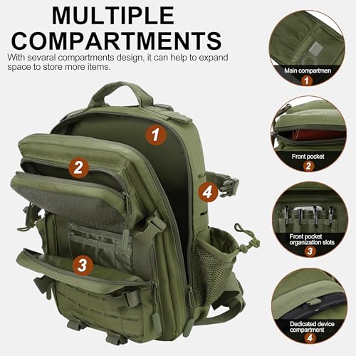 LHI Tactical Military Backpack for Men 25L/45L Large Molle Army Assault Pack 3 Day Hiking Rucksack With Bottle Holder - color: Green, size: 25L