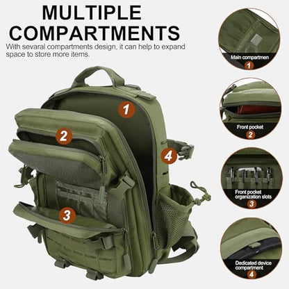 LHI Tactical Military Backpack for Men 25L/45L Large Molle Army Assault Pack 3 Day Hiking Rucksack With Bottle Holder - color: Green, size: 25L