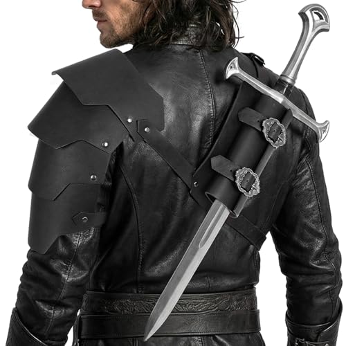 Medieval 2-in-1 Shoulder Armor with Back Sword Frog for LARP Cosplay - color: Black a