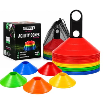 Agility Training Cones 25 Pack, Soccer Disc Cones with Holder, 5-Color Sports Cones for Speed - style: 50 Pack