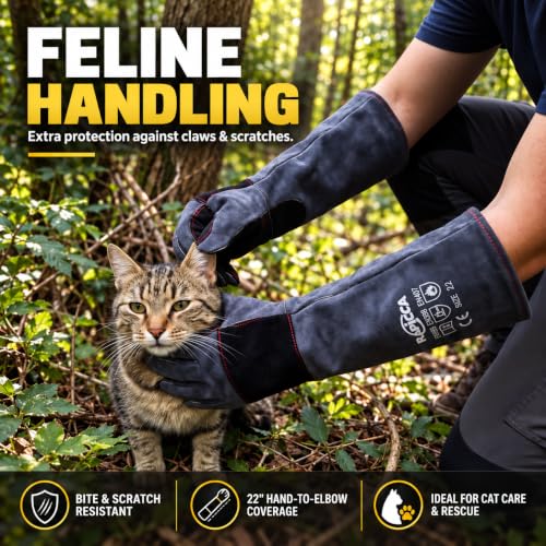 RAPICCA Animal Handling Gloves, Bite Proof Double Leather, 22 in Grey-Black - size: 2 Count (Pack of 1), style: 22 Inches