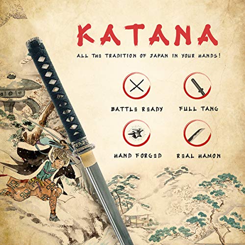 Katana Samurai Sword, 1045 Carbon Steel, Hand Forged, Full Tang - color: Katana Waves