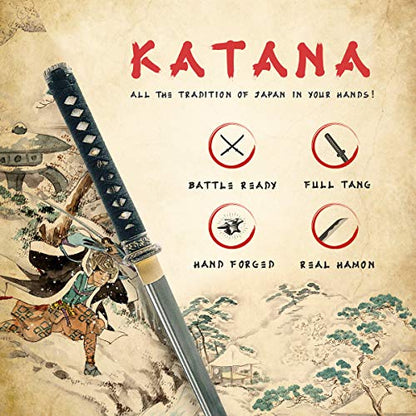 Katana Samurai Sword, 1045 Carbon Steel, Hand Forged, Full Tang - color: Katana Waves