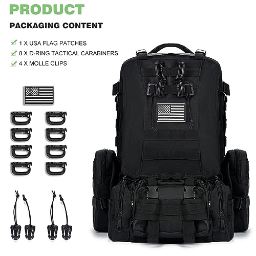 Large Military Tactical Backpack for Men, 40-50L Backpacks for Women, Bug out Bag Army 3 Days Assault Pack Bags Rucksack with Molle System Black - color: Black