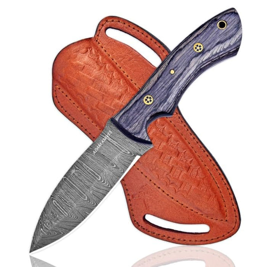 Fixed Blade Damascus Steel Hunting Knife with Leather Sheath 9'' Full Tang Hunting Skinning Knife Non-Slip Wooden Handle Camping Blade (Black) - color: Black