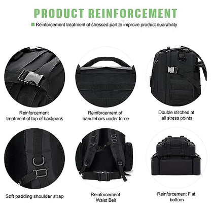 Large Military Tactical Backpack for Men, 40-50L Backpacks for Women, Bug out Bag Army 3 Days Assault Pack Bags Rucksack with Molle System Black - color: Black
