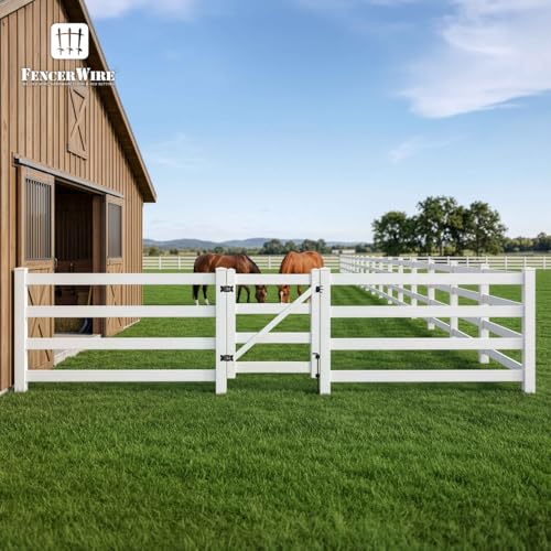 Fencer Wire 204FT Vinyl Ranch Fence Kit, 3-Rail White PVC Fence System with 4ft H x 4ft W Gate, 6ft Posts & 8ft Rails, UV-Resistant, Easy Installation, Durable Outdoor Fencing for Ranch, Yard & Farm - size: 204 FT W/ Gate