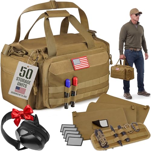 Gun Range Bag with 3 Pistol Cases, Removable MOLLE Organizer, Total 50 Storage Units, 27dB Shooting Earmuffs, Shoulder Strap, USA Flag Patch & Writable ID Patches, Khaki Brown Tactical Bag