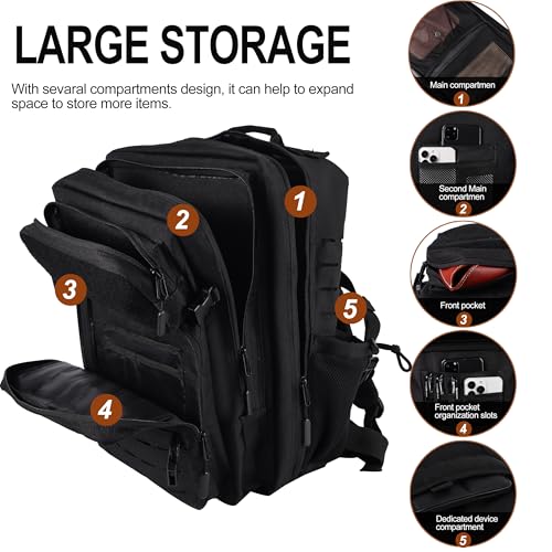 LHI Tactical Military Backpack for Men 25L/45L Large Molle Army Assault Pack 3 Day Hiking Rucksack With Bottle Holder - color: All Black, size: 45L
