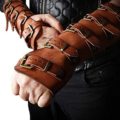 Syktkmx Gauntlet Wristband Medieval Vambrace Arm Cuff Armor Buckled Punk Gothic Faux Leather Costume Bracer - color: 2-brown, size: Large