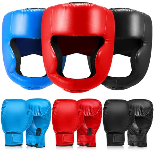 Kanayu 3 Pcs Boxing Headgears 3 Pair Gloves Set - color: Black, Blue, Red, size: Adult