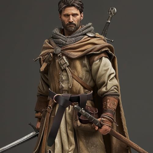 Medieval Belt with Sword Sheath, Leather Viking Belt and Frog Sword Scabbard Set, Renaissance Pirate Holster - color: Black