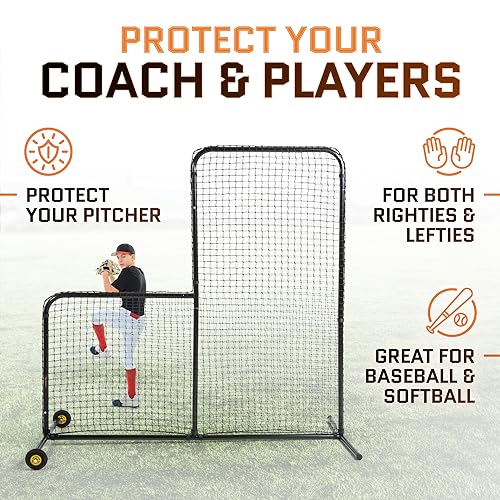 L Screen Baseball for Batting Cage | Baseball Pitching Net with Wheels-7 feet by 7 feet, 3.5 Inch by 3.5 Inch Cutout, Body Protector for Back Drive Lines Beisbol