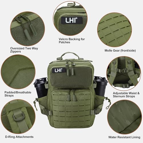 LHI Tactical Military Backpack for Men 25L/45L Large Molle Army Assault Pack 3 Day Hiking Rucksack With Bottle Holder - color: Green, size: 25L