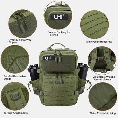 LHI Tactical Military Backpack for Men 25L/45L Large Molle Army Assault Pack 3 Day Hiking Rucksack With Bottle Holder - color: Green, size: 25L