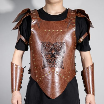 Leather Bracers for Men - Viking Embossed Medieval Arm Archery Guard Gauntlet Costumes - color: Hbr050-pure Brown