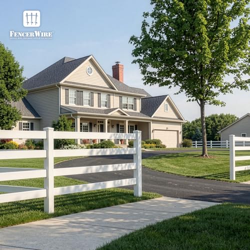 Fencer Wire 3-Rail Vinyl Ranch Fence Kit, 4ft H x 48ft W, White PVC Fence System with 6ft Posts & 8ft Rails, UV-Resistant, Easy Installation, Durable Outdoor Fencing for Ranch, Yard & Farm - size: 48 FT