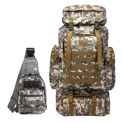JUMAHE 80L 2-Pack Hiking Backpack for Men with Sling Tactical Backpack - Rucksack Molle Military Tactical Waterproof Lightweight Camping Backpack 3 Day Assault Pack for Travel, Climbing, Backpacking - color: 80l Grey - Pro(900d Fabric) + Sling Bag Bundle,