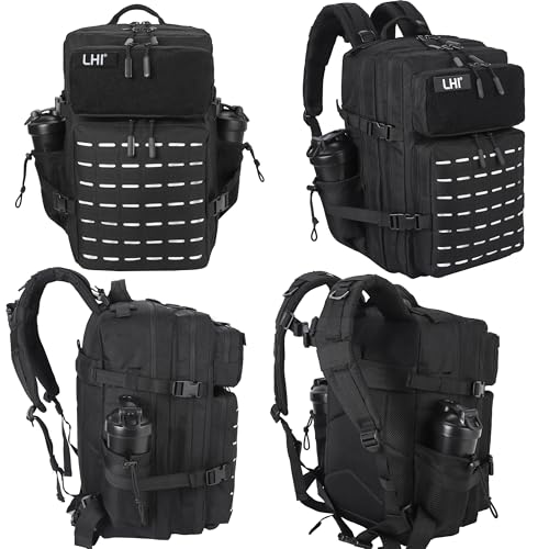 LHI Tactical Military Backpack for Men 25L/45L Large Molle Army Assault Pack 3 Day Hiking Rucksack With Bottle Holder - color: Black, size: 45L